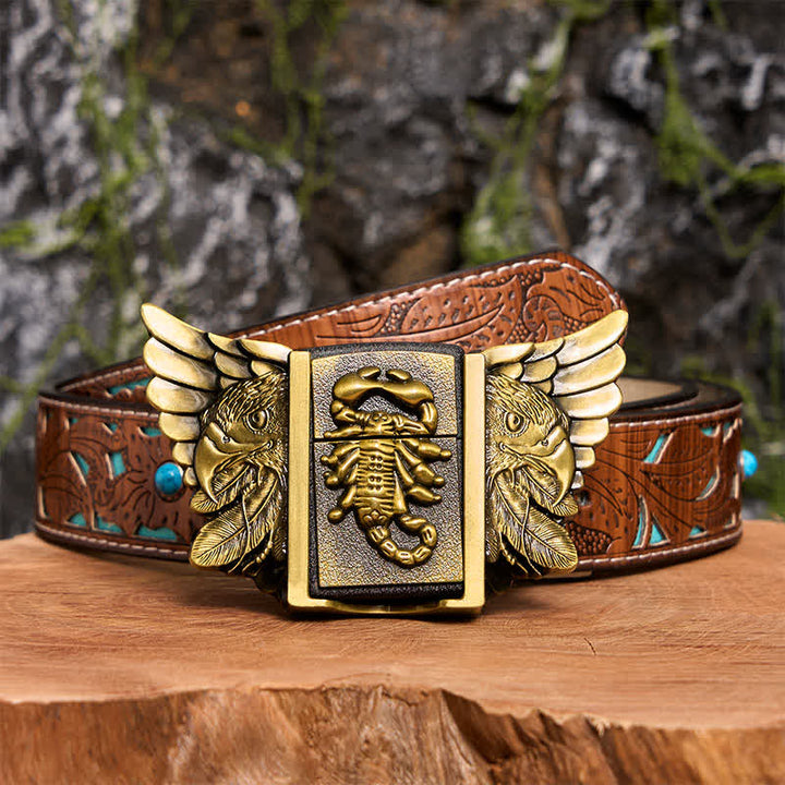 Ceinture en cuir pour homme, motif scopion et aigle en bronze, avec briquet dissimulé - Scopion et Aigle - Ceinture sculptée en turquoise - 42 - image 6