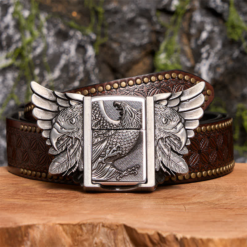 Ceinture en cuir de vautour argenté pour homme avec briquet caché - Vautour - Ceinture à rivets marron - 42 - image 8