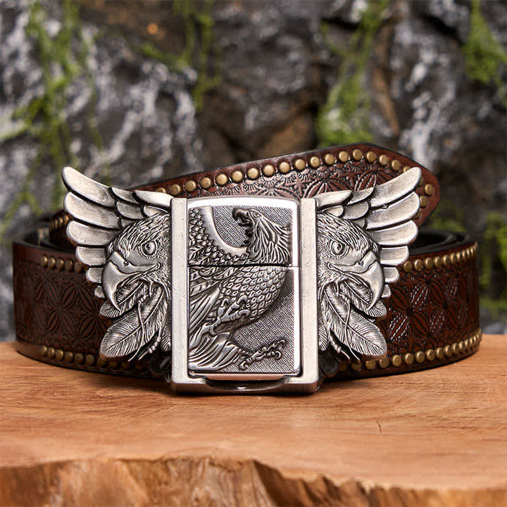 Ceinture en cuir de vautour argenté pour homme avec briquet caché - Vautour - Ceinture à rivets marron - 42 - image 8