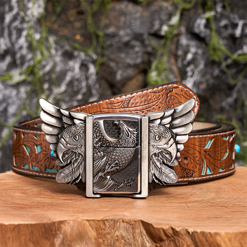 Ceinture en cuir de vautour argenté pour homme avec briquet caché - Vautour - Ceinture sculptée en turquoise - 42 - image 7