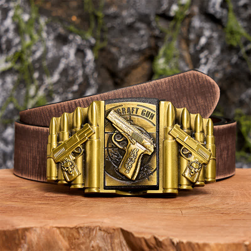 Ceinture en cuir pour homme, motif pistolet et balle en bronze, avec briquet dissimulé - Pistolet - Ceinture marron vieillie - 42 - image 9