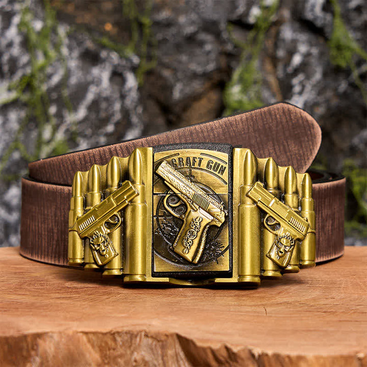 Ceinture en cuir pour homme, motif pistolet et balle en bronze, avec briquet dissimulé - Pistolet - Ceinture marron vieillie - 42 - image 9