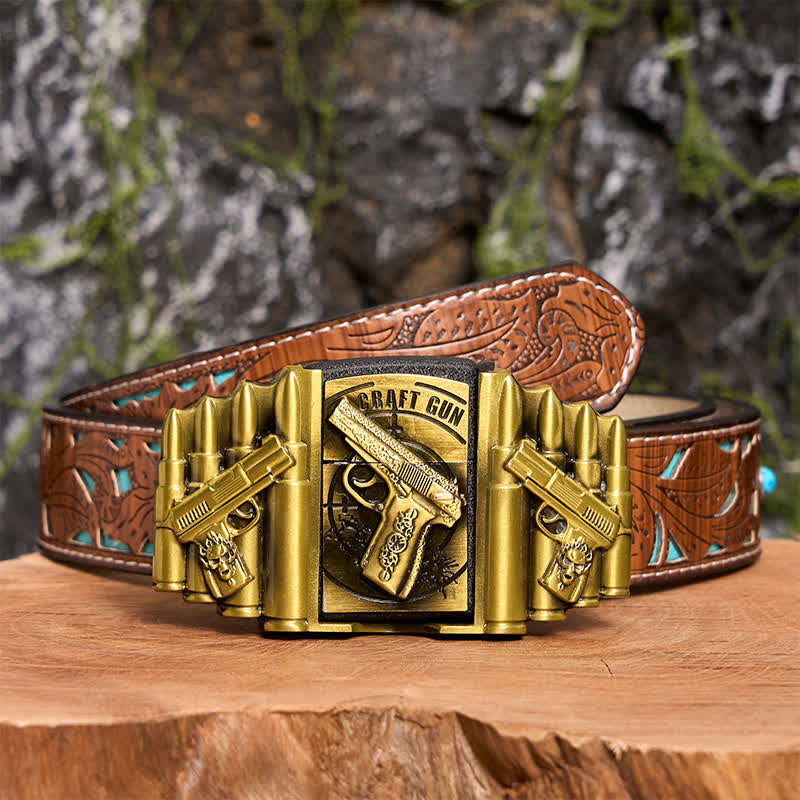 Ceinture en cuir pour homme, motif pistolet et balle en bronze, avec briquet dissimulé - Pistolet - Ceinture sculptée en turquoise - 42 - image 7