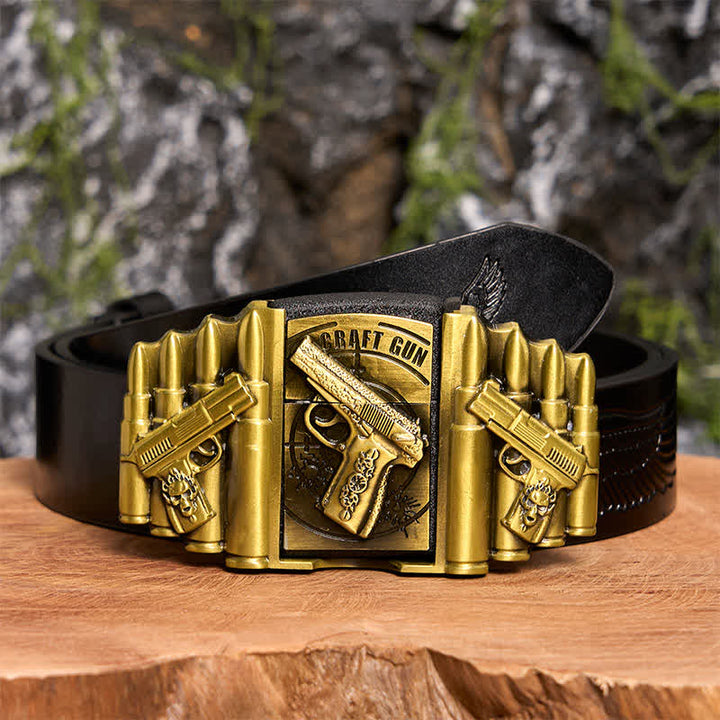 Ceinture en cuir pour homme, motif pistolet et balle en bronze, avec briquet dissimulé - Pistolet - Ceinture noire avec aigle en relief - 42 - image 3