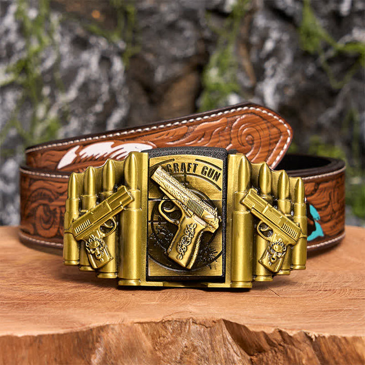 Ceinture en cuir pour homme, motif pistolet et balle en bronze, avec briquet dissimulé - Pistolet - Ceinture à plumes marron - 40 - image 11