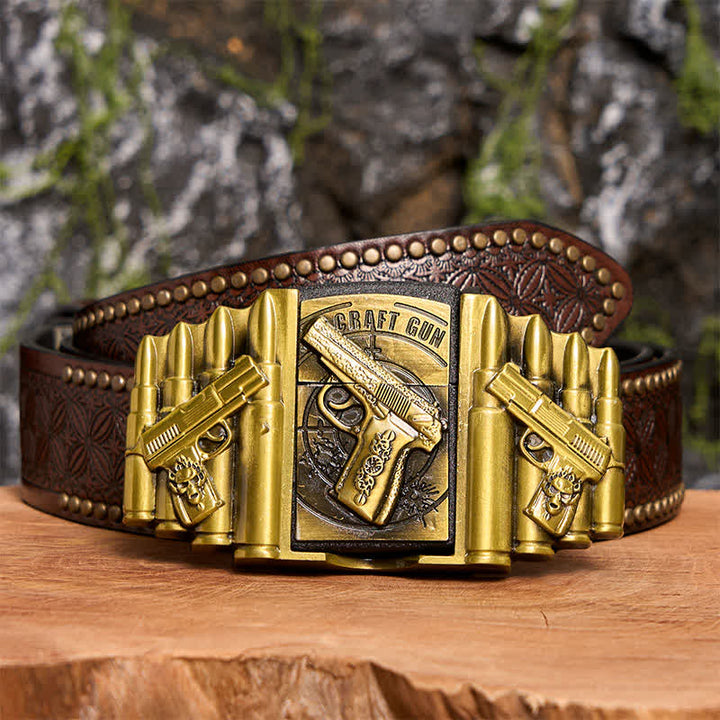 Ceinture en cuir pour homme, motif pistolet et balle en bronze, avec briquet dissimulé - Pistolet - Ceinture à rivets marron - 42 - image 8