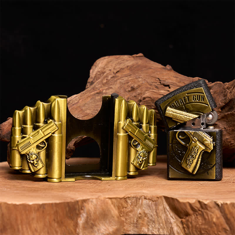 Ceinture en cuir pour homme, motif pistolet et balle en bronze, avec briquet dissimulé - image 2