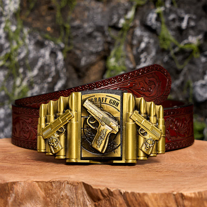Ceinture en cuir pour homme, motif pistolet et balle en bronze, avec briquet dissimulé - Pistolet - Ceinture marron sculptée - 42 - image 10