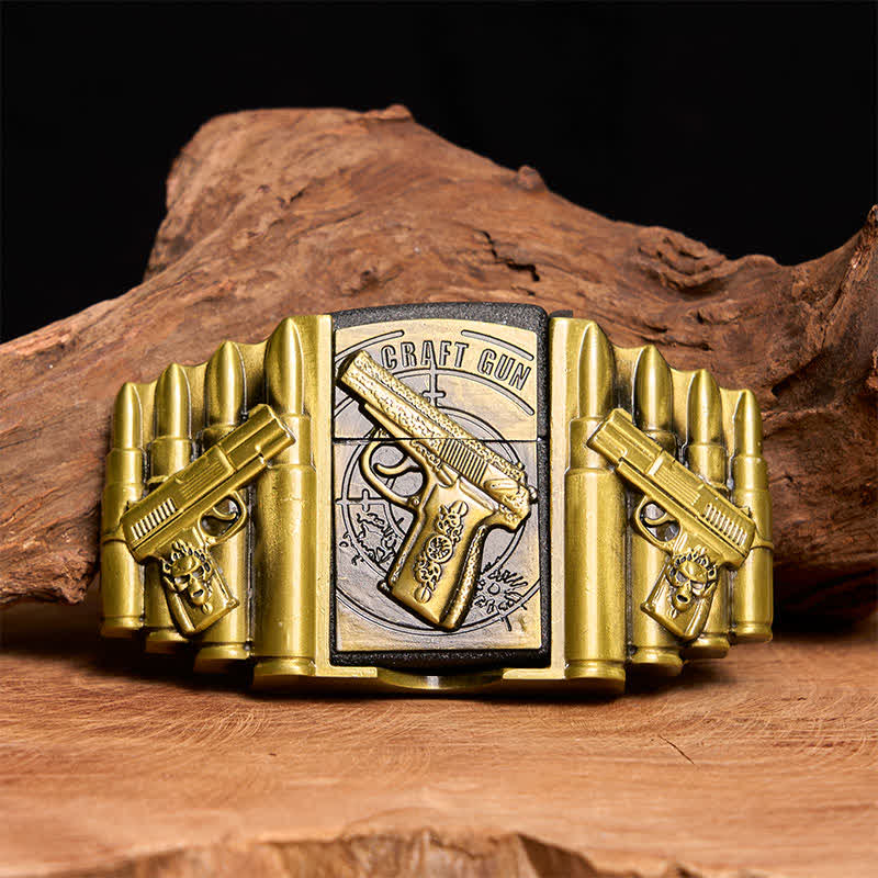 Ceinture en cuir pour homme, motif pistolet et balle en bronze, avec briquet dissimulé - Pistolet - Sans ceinture - Ceinture non incluse - image 1