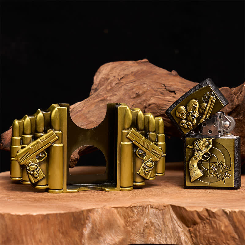 Ceinture en cuir pour homme, motif pistolet et tête de mort en bronze, avec briquet dissimulé - image 2