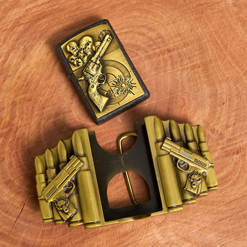 Ceinture en cuir pour homme, motif pistolet et tête de mort en bronze, avec briquet dissimulé - image 4