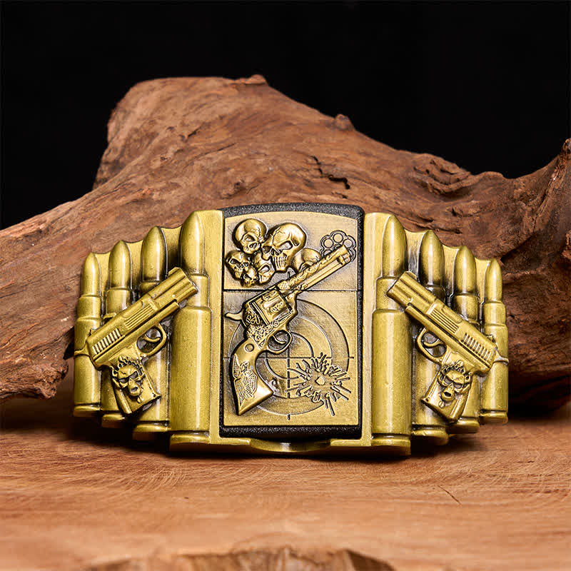 Ceinture en cuir pour homme, motif pistolet et tête de mort en bronze, avec briquet dissimulé - Pistolet et crâne - Sans ceinture - Ceinture non incluse - image 1