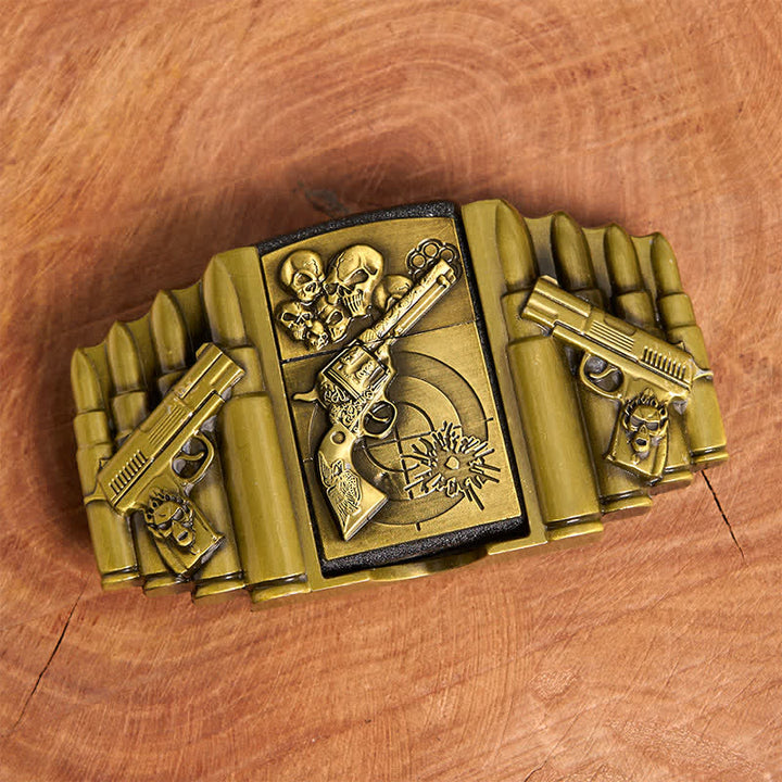 Ceinture en cuir pour homme, motif pistolet et tête de mort en bronze, avec briquet dissimulé - image 3