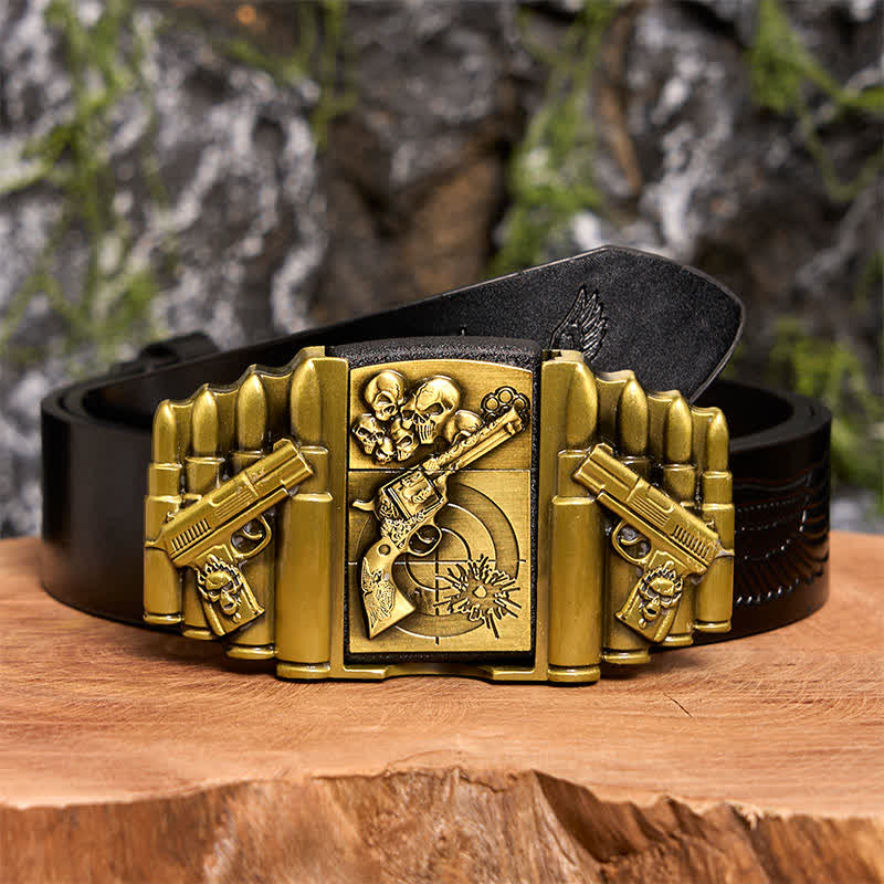 Ceinture en cuir pour homme, motif pistolet et tête de mort en bronze, avec briquet dissimulé - Pistolet et crâne - Ceinture noire avec aigle en relief - 42 - image 3