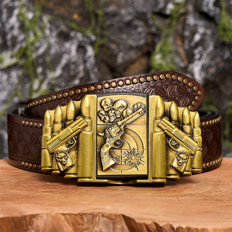 Ceinture en cuir pour homme, motif pistolet et tête de mort en bronze, avec briquet dissimulé - Pistolet et crâne - Ceinture à rivets marron - 42 - image 7