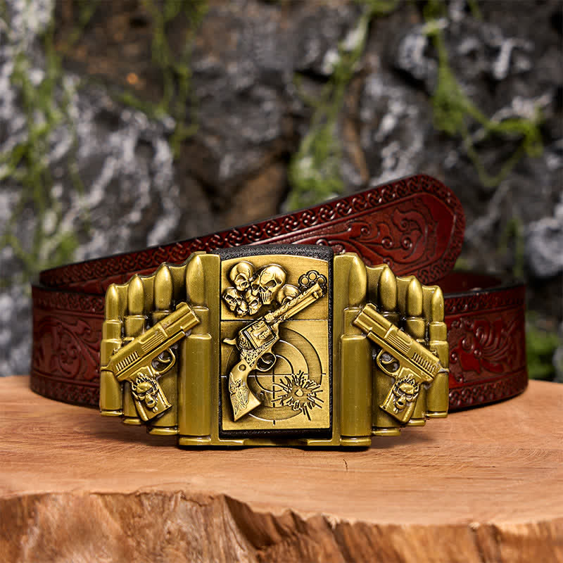 Ceinture en cuir pour homme, motif pistolet et tête de mort en bronze, avec briquet dissimulé - Pistolet et crâne - Ceinture marron sculptée - 42 - image 9