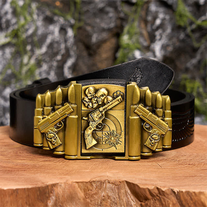 Ceinture en cuir pour homme, motif pistolet et tête de mort en bronze, avec briquet dissimulé - Pistolet et crâne - Ceinture noire avec aigle en relief - 42 - image 2