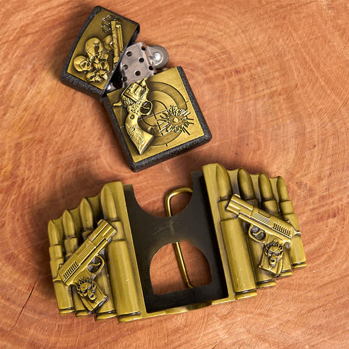 Ceinture en cuir pour homme, motif pistolet et tête de mort en bronze, avec briquet dissimulé - image 5