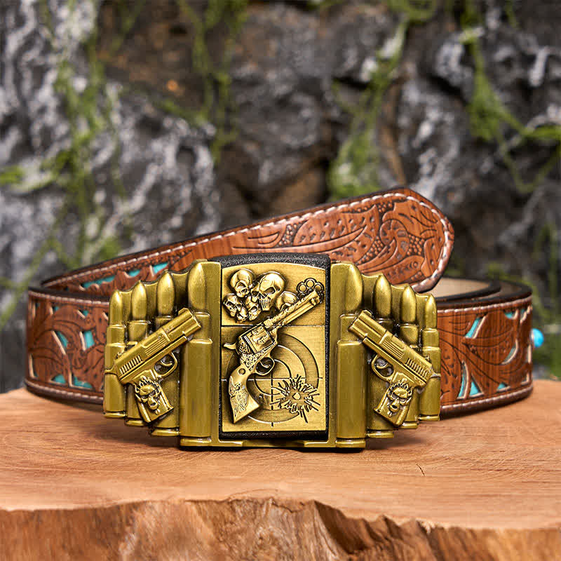 Ceinture en cuir pour homme, motif pistolet et tête de mort en bronze, avec briquet dissimulé - Pistolet et crâne - Ceinture sculptée en turquoise - 42 - image 6