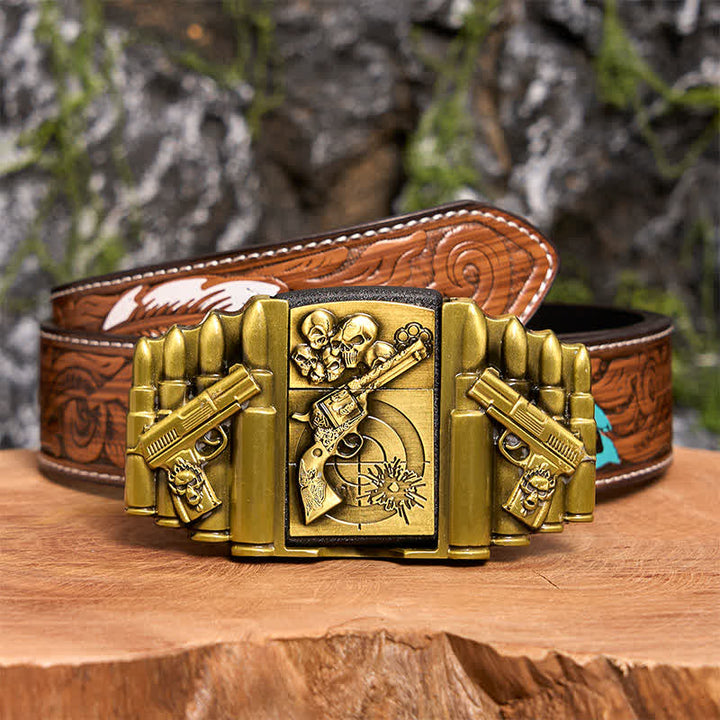 Ceinture en cuir pour homme, motif pistolet et tête de mort en bronze, avec briquet dissimulé - Pistolet et crâne - Ceinture à plumes marron - 40 - image 10