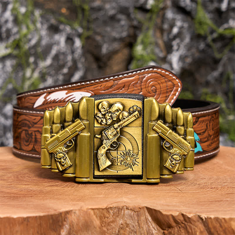 Ceinture en cuir pour homme, motif pistolet et tête de mort en bronze, avec briquet dissimulé - Pistolet et crâne - Ceinture à plumes marron - 40 - image 11