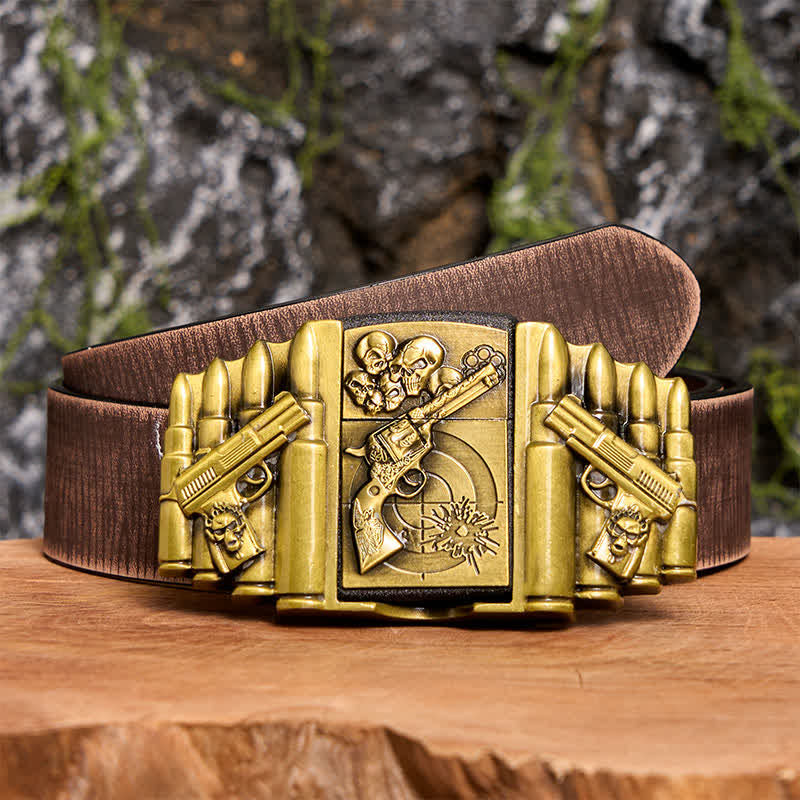 Ceinture en cuir pour homme, motif pistolet et tête de mort en bronze, avec briquet dissimulé - Pistolet et crâne - Ceinture marron vieillie - 42 - image 9