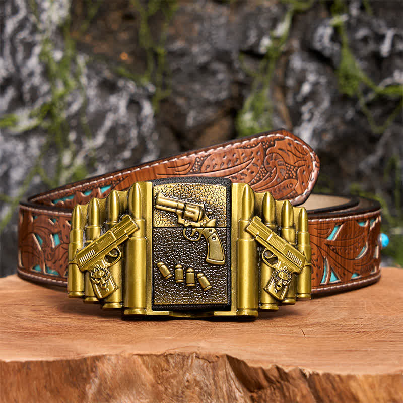 Ceinture en cuir pour homme, motif pistolet chargé en bronze, avec briquet dissimulé -  Pistolet - Ceinture sculptée en turquoise - 42 - image 6