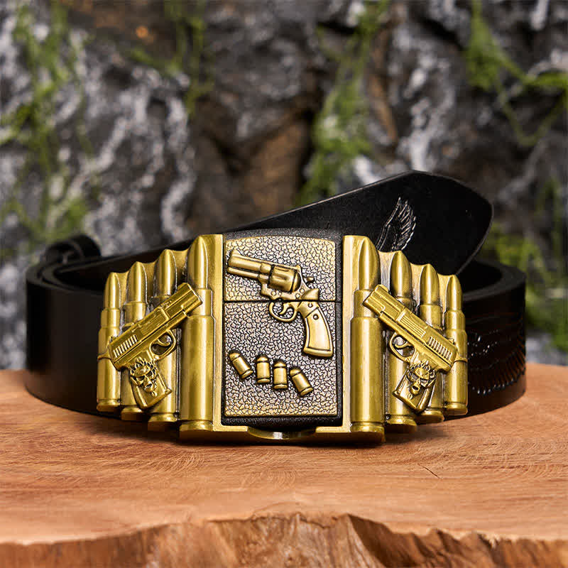 Ceinture en cuir pour homme, motif pistolet chargé en bronze, avec briquet dissimulé -  Pistolet - Ceinture noire avec aigle en relief - 42 - image 2