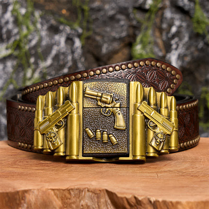 Ceinture en cuir pour homme, motif pistolet chargé en bronze, avec briquet dissimulé -  Pistolet - Ceinture à rivets marron - 42 - image 7