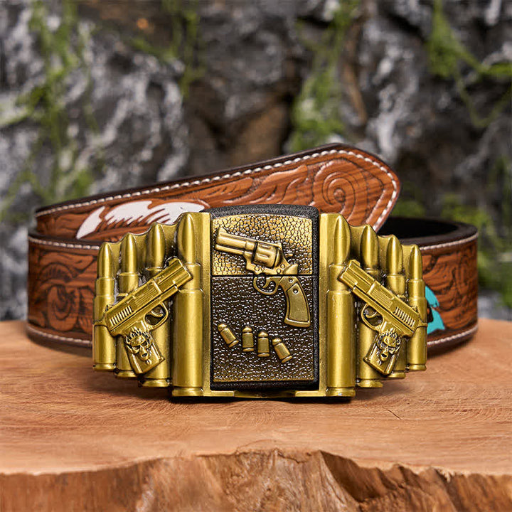 Ceinture en cuir pour homme, motif pistolet chargé en bronze, avec briquet dissimulé -  Pistolet - Ceinture à plumes marron - 40 - image 10