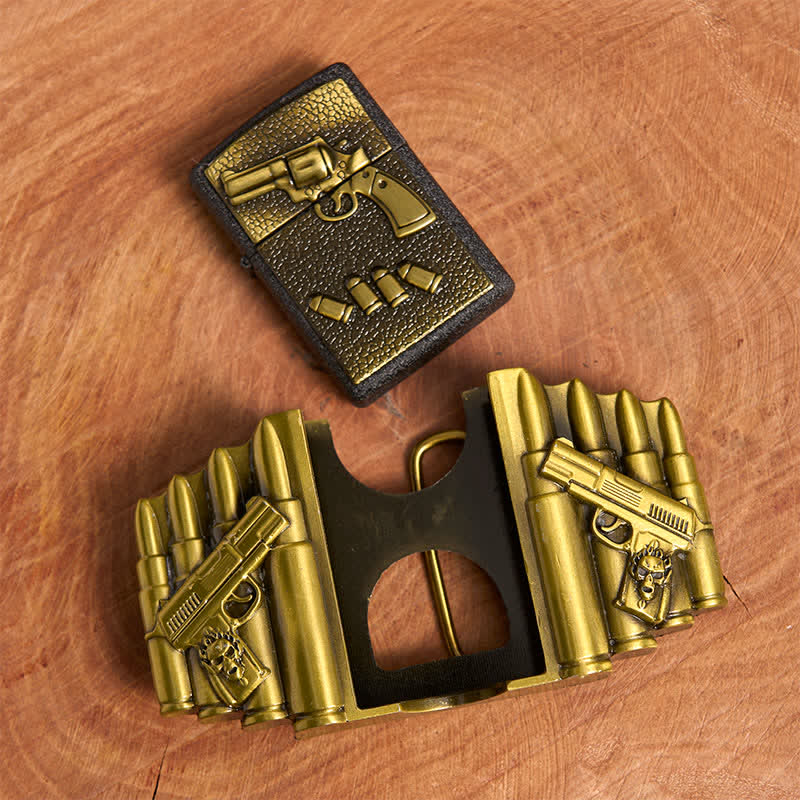 Ceinture en cuir pour homme, motif pistolet chargé en bronze, avec briquet dissimulé - image 4