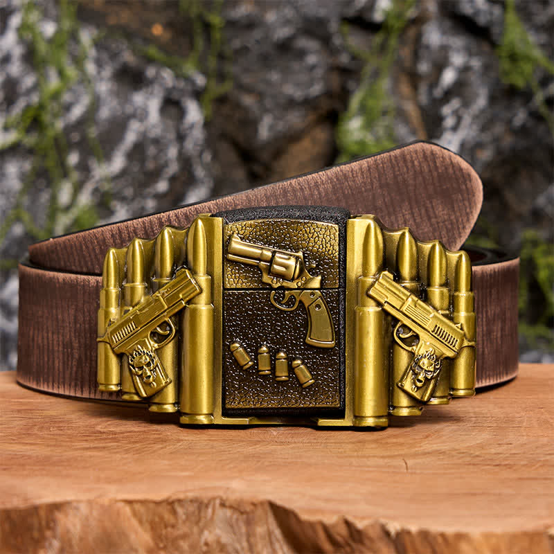 Ceinture en cuir pour homme, motif pistolet chargé en bronze, avec briquet dissimulé -  Pistolet - Ceinture marron vieillie - 42 - image 9