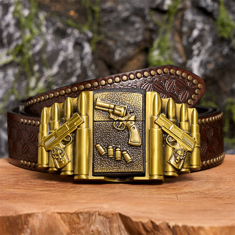 Ceinture en cuir pour homme, motif pistolet chargé en bronze, avec briquet dissimulé -  Pistolet - Ceinture à rivets marron - 42 - image 8