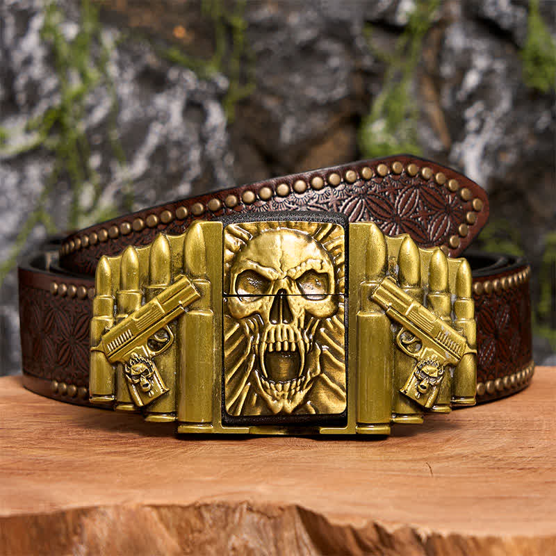 Ceinture en cuir pour homme, motif tête de mort effrayante en bronze, avec briquet caché - Tête de mort - Ceinture à rivets marron - 42 - image 8