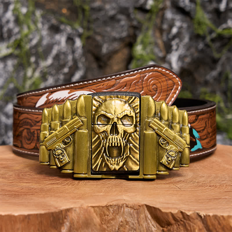 Ceinture en cuir pour homme, motif tête de mort effrayante en bronze, avec briquet caché - Tête de mort - Ceinture à plumes marron - 40 - image 10