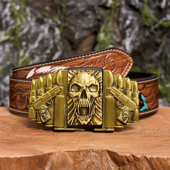 Ceinture en cuir pour homme, motif tête de mort effrayante en bronze, avec briquet caché - Tête de mort - Ceinture à plumes marron - 40 - image 10