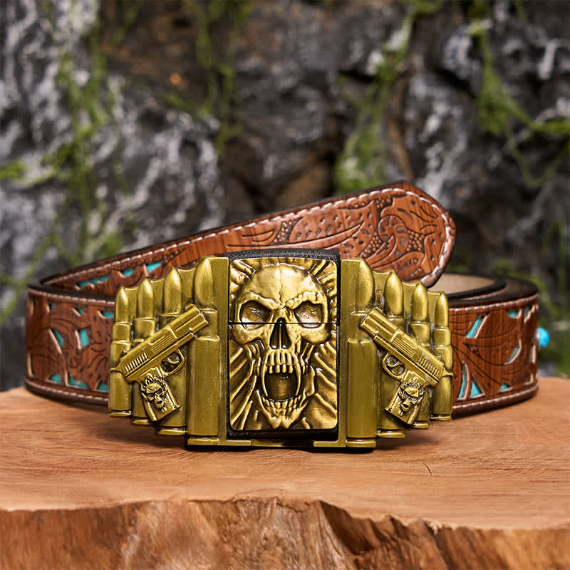 Ceinture en cuir pour homme, motif tête de mort effrayante en bronze, avec briquet caché - Tête de mort - Ceinture sculptée en turquoise - 42 - image 7