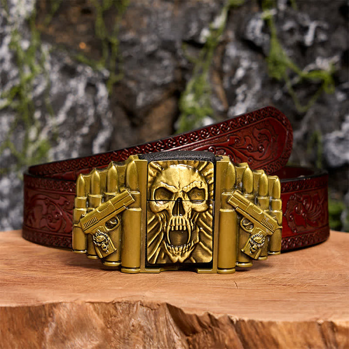 Ceinture en cuir pour homme, motif tête de mort effrayante en bronze, avec briquet caché - Tête de mort - Ceinture marron sculptée - 42 - image 10