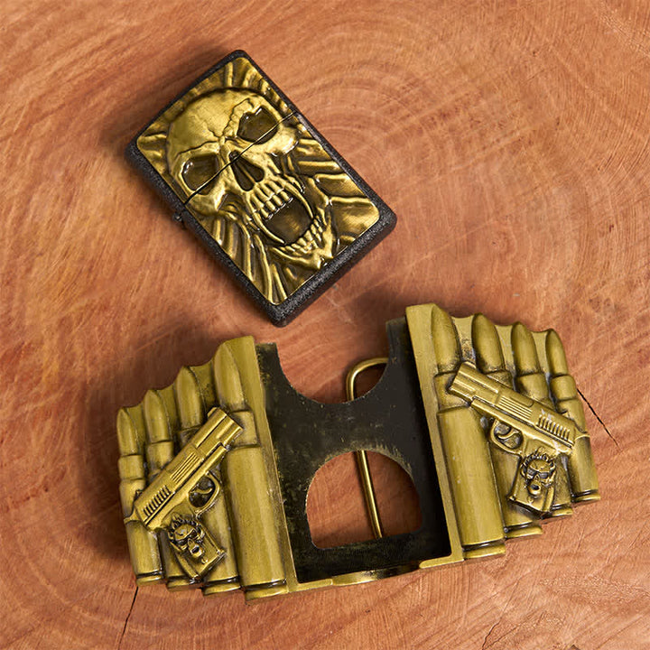 Ceinture en cuir pour homme, motif tête de mort effrayante en bronze, avec briquet caché - image 4
