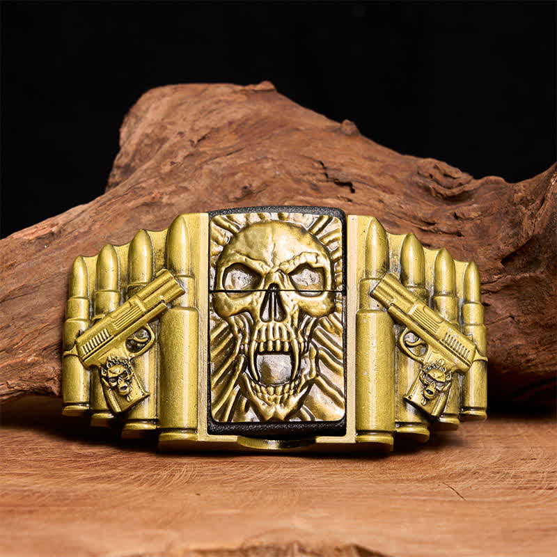 Ceinture en cuir pour homme, motif tête de mort effrayante en bronze, avec briquet caché - Tête de mort - Sans ceinture - Ceinture non incluse - image 0