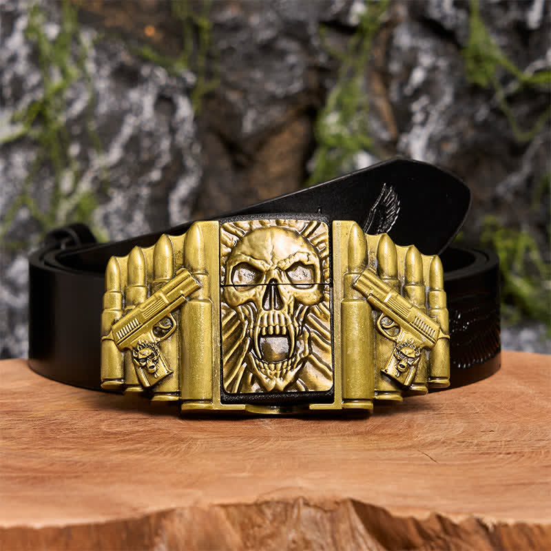 Ceinture en cuir pour homme, motif tête de mort effrayante en bronze, avec briquet caché - Tête de mort - Ceinture noire avec aigle en relief - 42 - image 2