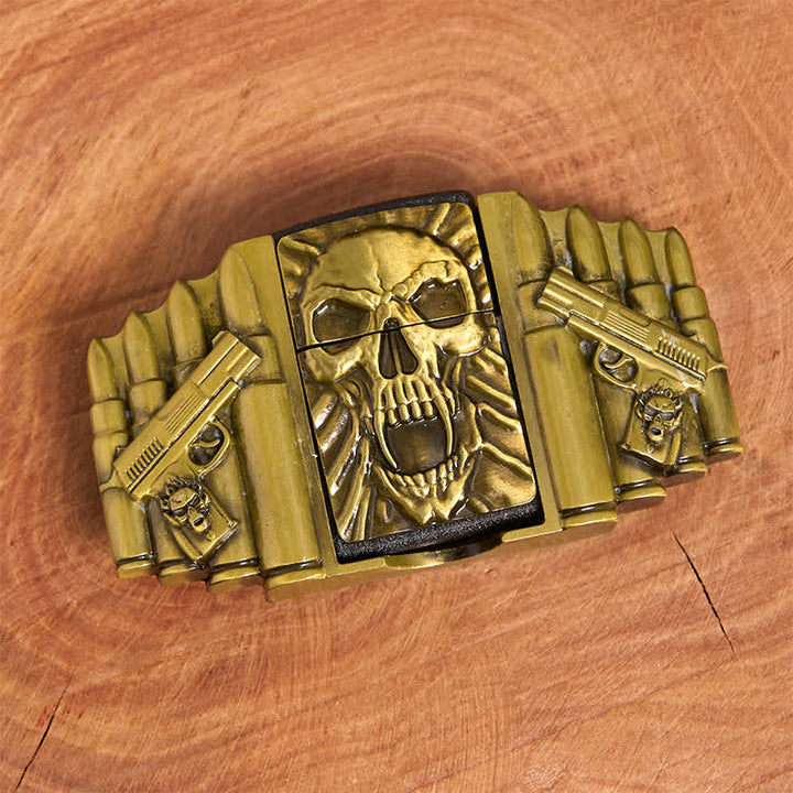 Ceinture en cuir pour homme, motif tête de mort effrayante en bronze, avec briquet caché - image 3