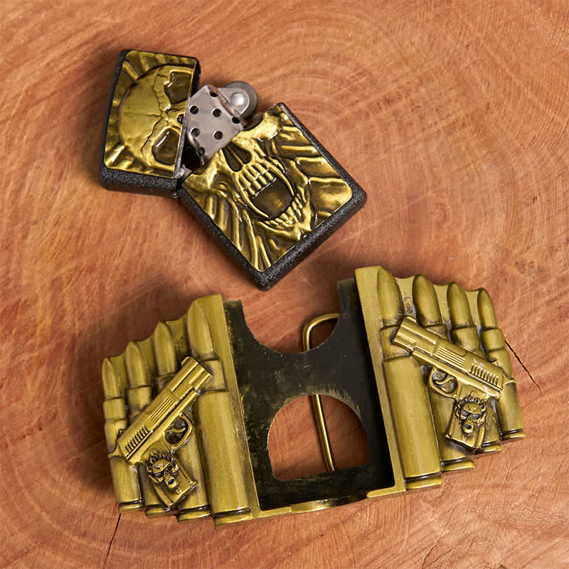 Ceinture en cuir pour homme, motif tête de mort effrayante en bronze, avec briquet caché - image 5