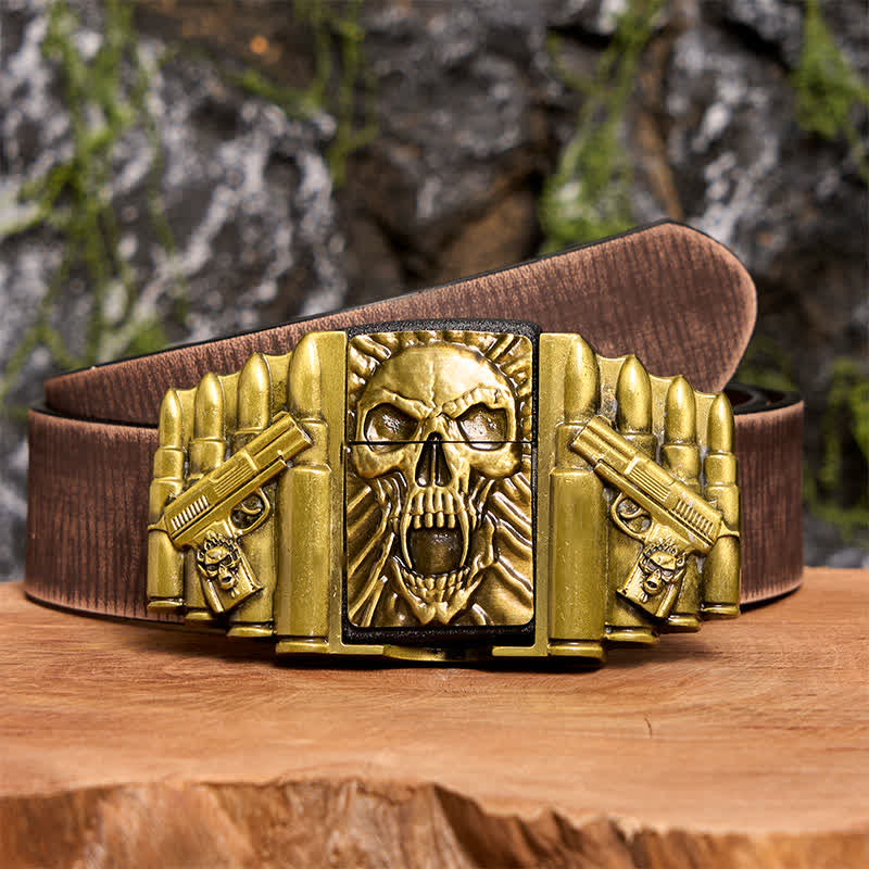 Ceinture en cuir pour homme, motif tête de mort effrayante en bronze, avec briquet caché - Tête de mort - Ceinture marron vieillie - 42 - image 9