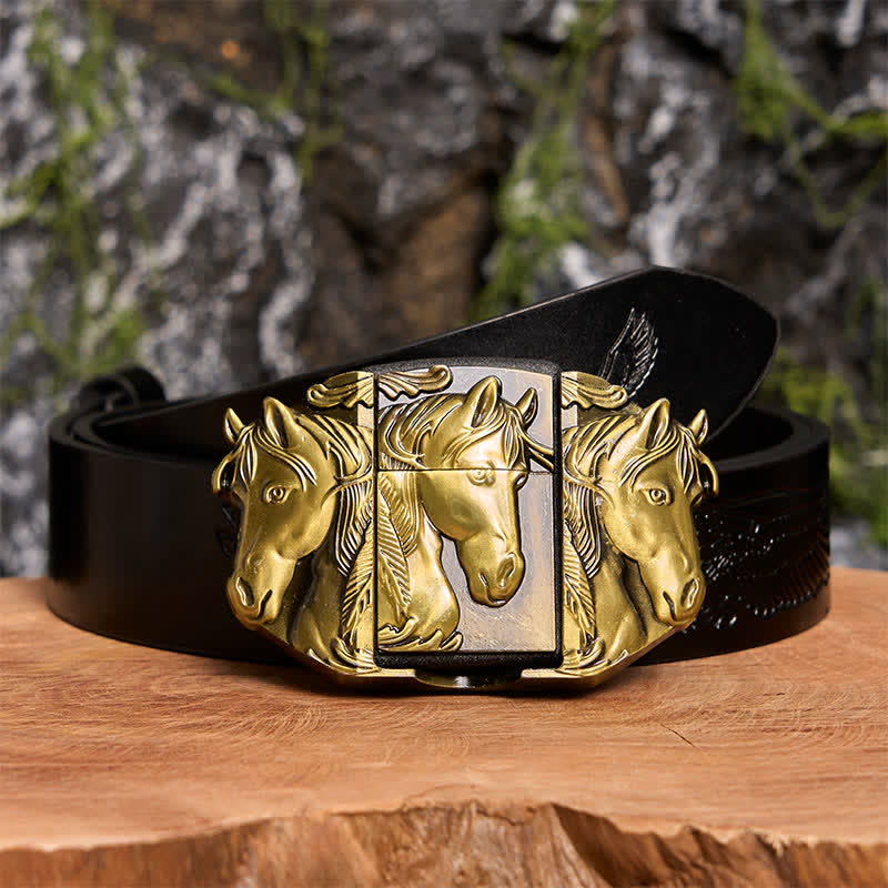 Ceinture en cuir bronze à trois chevaux pour homme avec briquet dissimulé - Triple chevaux - Ceinture noire avec aigle en relief - 42 - image 3