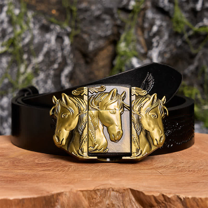 Ceinture en cuir bronze à trois chevaux pour homme avec briquet dissimulé - Triple chevaux - Ceinture noire avec aigle en relief - 42 - image 3