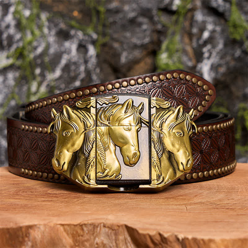 Ceinture en cuir bronze à trois chevaux pour homme avec briquet dissimulé - Triple chevaux - Ceinture à rivets marron - 42 - image 7
