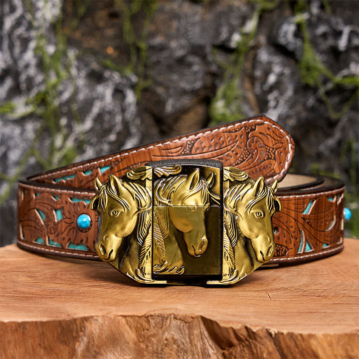 Ceinture en cuir bronze à trois chevaux pour homme avec briquet dissimulé - Triple chevaux - Ceinture sculptée en turquoise - 42 - image 6