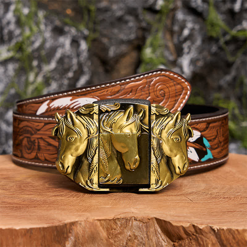 Ceinture en cuir bronze à trois chevaux pour homme avec briquet dissimulé - Triple chevaux - Ceinture à plumes marron - 40 - image 10