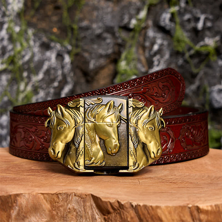 Ceinture en cuir bronze à trois chevaux pour homme avec briquet dissimulé - Triple chevaux - Ceinture marron sculptée - 42 - image 9